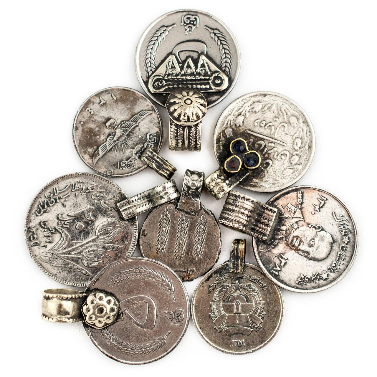 The Bead Chest Large Vintage Afghan Coin Pendants Set of 8 Afghanistan Silver White Metal Large Hole